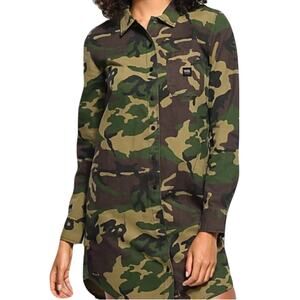 NWOT VANS Shirt Dress Jacket M Camo Snap Logo 3 Pocket Curve Hem Long Slv Cotton